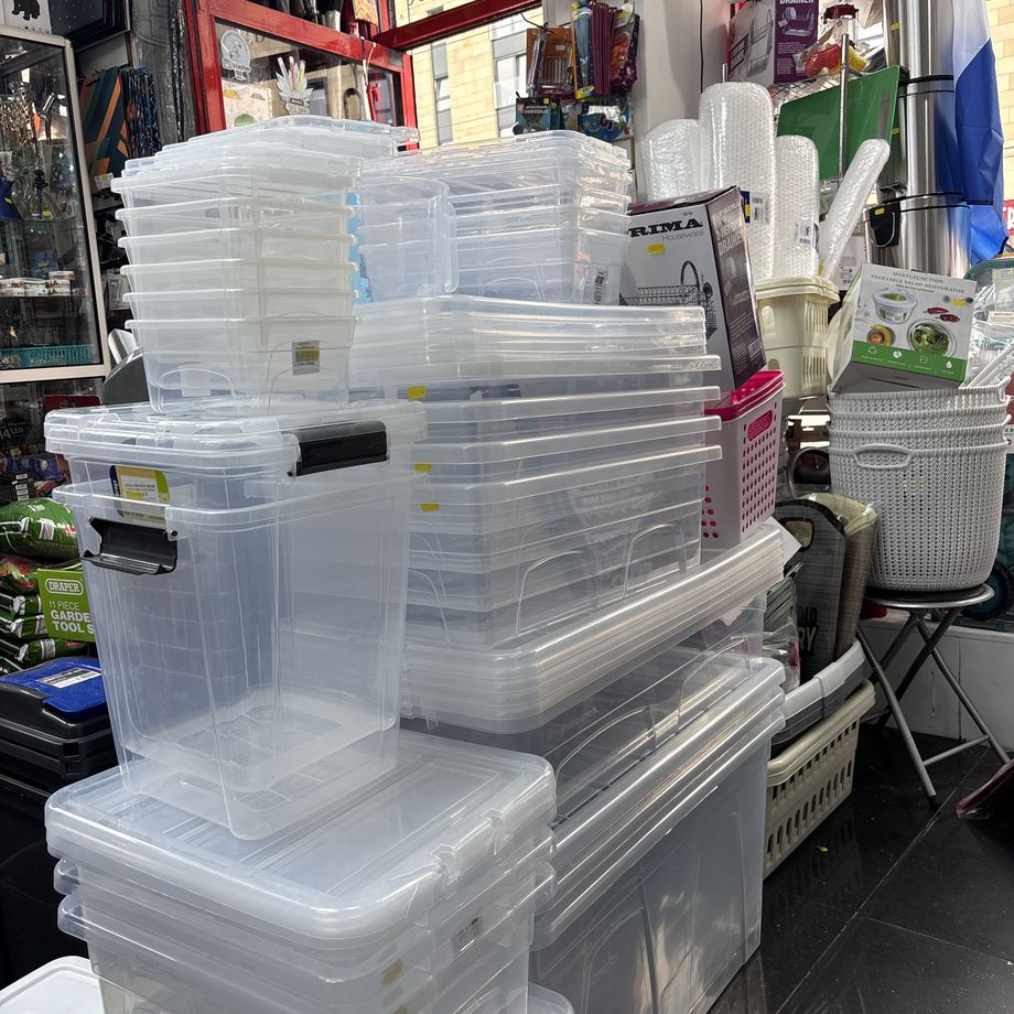 Clear plastic storage boxes in every size