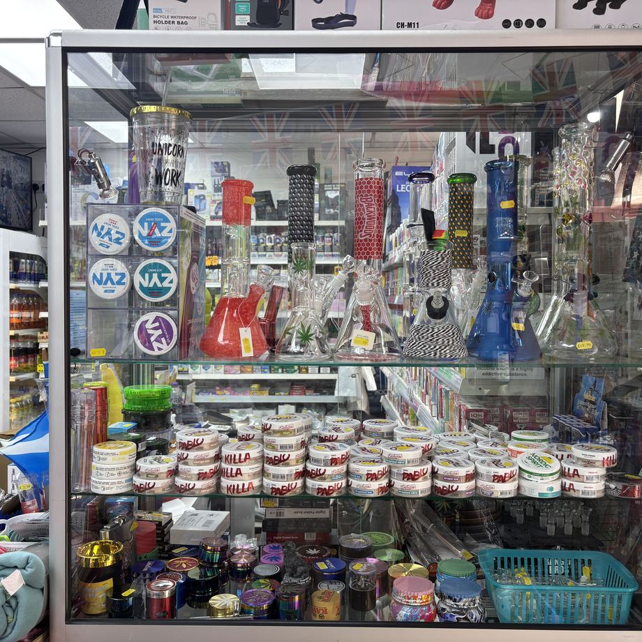 Glass display counter with smoking accessories